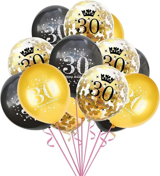 SHUNTAI 30th birthday balloons for Him Her Gold and Black 30th Birthday Decorations Latex Gold Confetti Balloon 30 Years Old Anniversary Theme Happy Birthday Party Supplies 15 Pack 12 inch