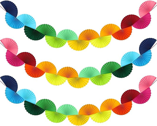 3 Pack Wedding Paper Fans Garland 15.6ft Colorful Background Ceiling Hanging Decorations Set for Birthday Party Supplies 3D Bachelorette Party Decorations (Rainbow)