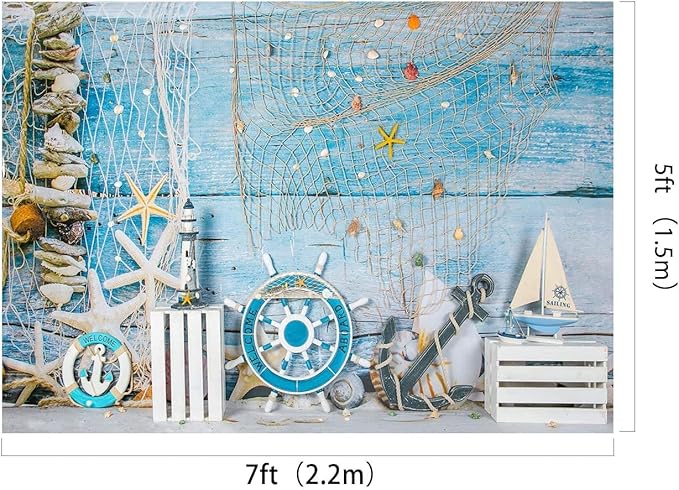 Kate 7x5ft Nautical Vintage Coastal Ocean Theme Backdrops for Photography with Starfish Anchor Sailboat Blue Wooden Wall Photo Background for Birthday Party Baby Shower Photo Booth Studio Props