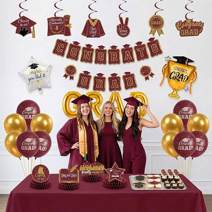 Maroon Gold Balloons Burgundy GRAD Print Balloons with Banner Table Honeycomb Centerpieces Hanging Swirl trophy star GRAD Letters Mylar Balloons for 2026 graduate Prom Decorations
