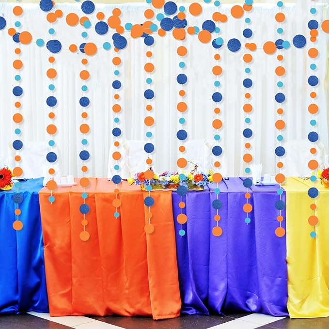 Outus 5 Pieces Orange,Blue Round Dots Garland Graduation Party Hanging Decor Each Length 13.1ft Glitter Paper Dot Streamers for Birthday Wedding Classroom Supplies