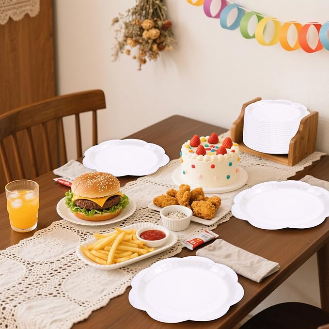 50 Pack White Paper Plates 7 Inch, Disposable Scalloped Plates Cake Dessert Plate for Dinner Baby Shower Wedding Bridal Shower Birthday Party Supplies (White, 7 inch)