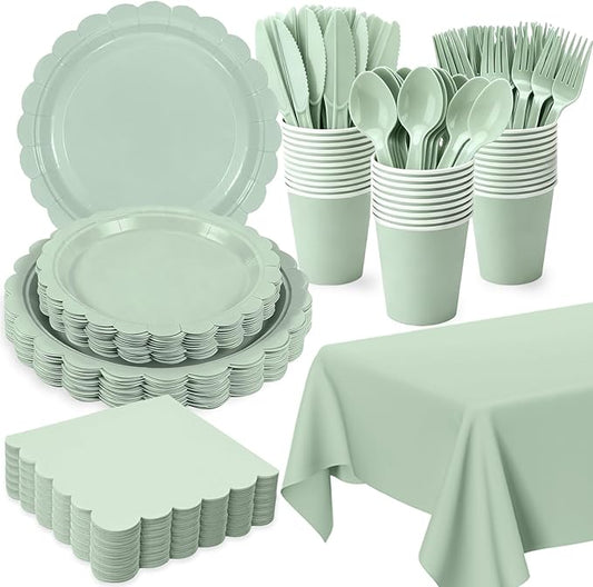 176 PCS Sage Green Party Decorations Includes Plates, Napkins, Cups, Cutlery, Tablecloth for Wedding Bridal Shower Birthday Baby Shower Party Decorations, Serves 25