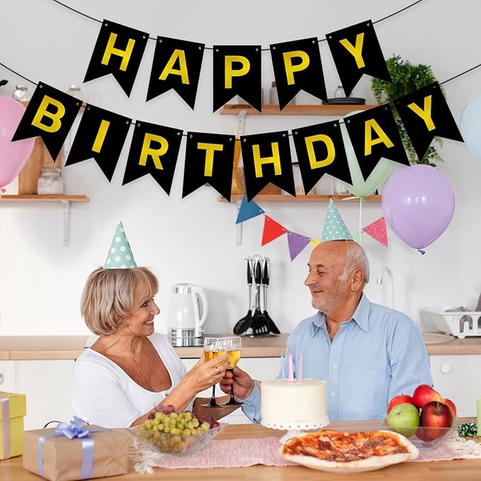 Black Gold Happy Birthday Banner Signs Party Decoration for Women Men Girls Boys