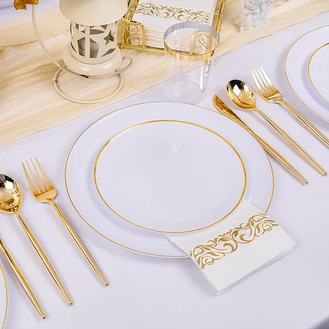 MirthMood 350Pcs White and Gold Dinnerware Set,Plastic plates Includes:50 Dinner Plates, 50 Dessert Plates, 150 Gold Plastic Cutlery,50 Paper Towels & 50 Cups for Party&Wedding