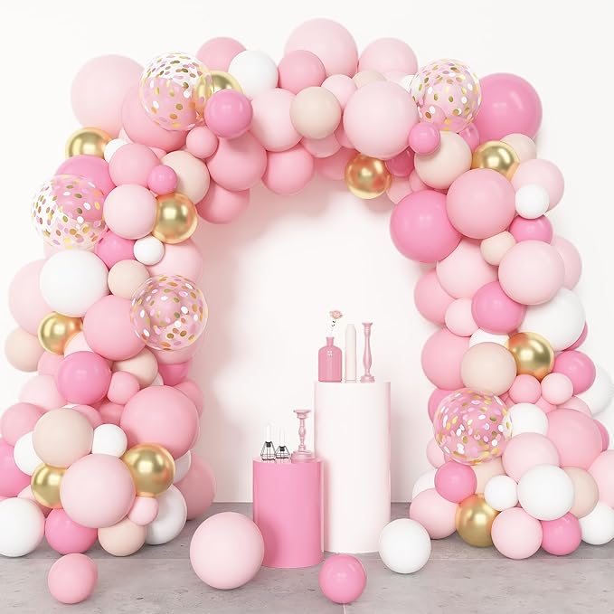 Amandir 144Pcs Pink Balloons Garland Arch Kit Light Pink Gold White Confetti Latex Metallic Balloons for Mothers Day Girl Birthday Baby Shower Wedding Graduation Party Decorations Supplies