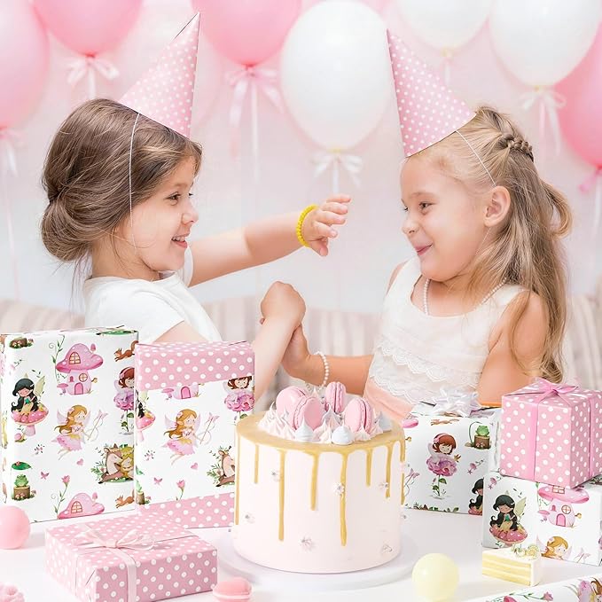 WERNNSAI Fairy Wrapping Paper Roll - 1 Roll 17”x 33 ft Pink Fairy Birthday Wrapping Paper for Girls Reversible Gift Wrap with Polka Dot Design for Birthday Baby Shower Party Favor