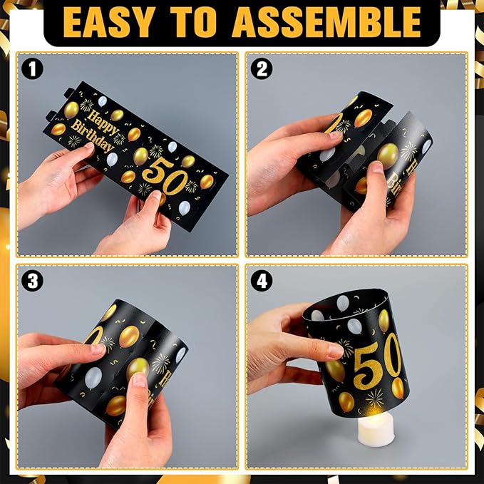 10 Sets 50th Happy Birthday Centerpieces for Table Black and Gold Birthday Decorations Lantern Boxes with Tea Lights Candles Centerpieces for Men Women 50th Party Supplies