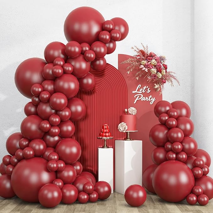 RUBFAC 135pcs Ruby Red Balloons, Cherry Dark Red Burgundy Latex Balloon Different Sizes 18 12 10 5 Inch for Garland Arch Birthday Wedding Party Decoration