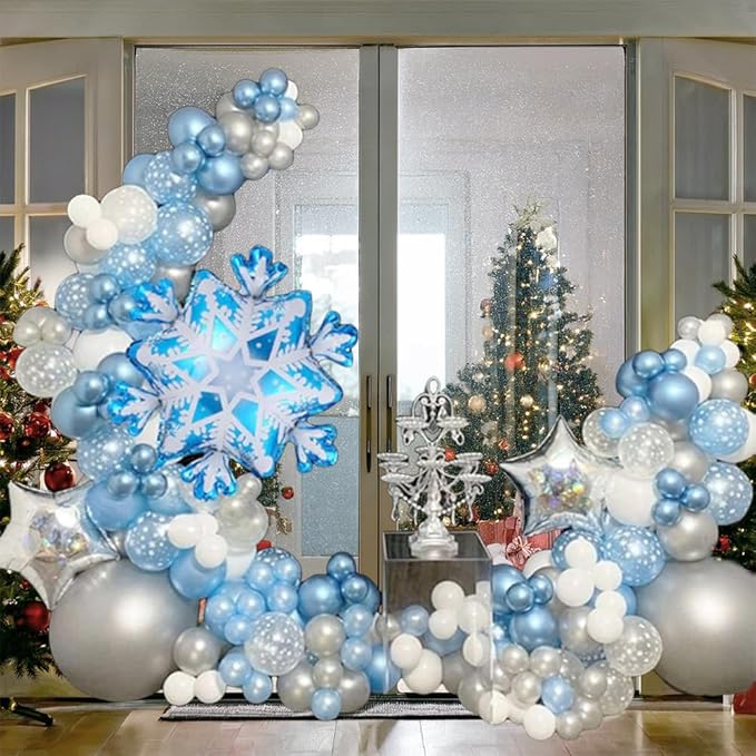 118 Pieces Snowflake Balloon Garland Arch kit-Snowflake Balloon with Silver Blue White Latex Balloons set for Winter Wonderland Holiday Christmas Baby Shower Snow Princess Birthday Party Decorations