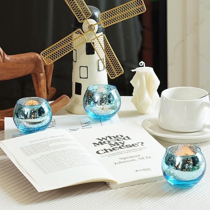 Homemory 24 Pcs Blue Votive Candle Holders, Round Mercury Glass Candle Holder, Tealight Candle Holders for Table Centerpieces, Baby Showe, Anniversary, Wedding, Home Decor, Halloween, Christmas
