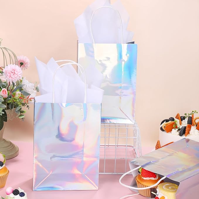 MIMIND 24 Pack Iridescent Paper Gift Bags with Handles Holographic Party Favor Bags with Tissue Paper 8.7 x 6.3 x 3.1 Inch Glitter Silver Foil Goodie Candy Bag for Wedding Birthday Parties