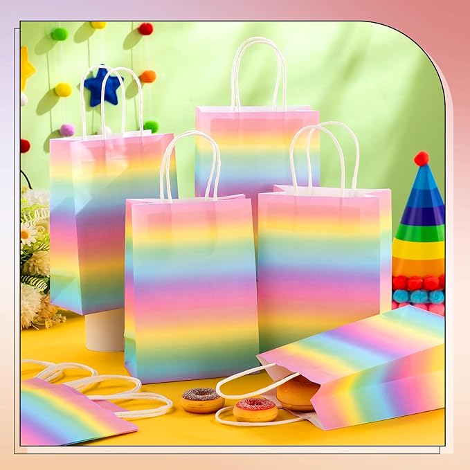 Humyoun 24 Pcs Pastel Gift Bags Pastel Rainbow Paper Treat Goodies Bags with Handles Candy Gifts Wrapping for Baby Shower Wedding Birthday Party Supplies