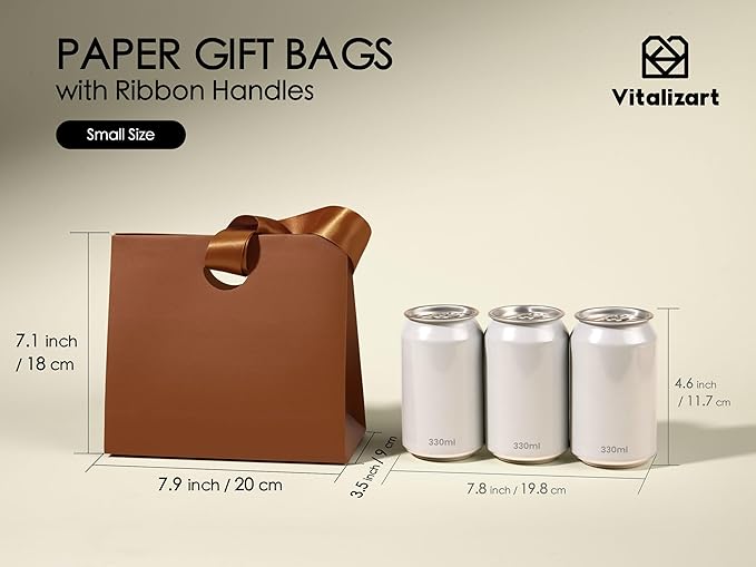 Vitalizart Paper Gift Bags With Ribbon Handles Set of 10 Brown Bulk Reusable For Gift Wrap Girls Kids Birthday Bridal Shower Party Favors Goodie Bags Candy Toys Christmas 7.87"x3.54"x7.09" Small Size