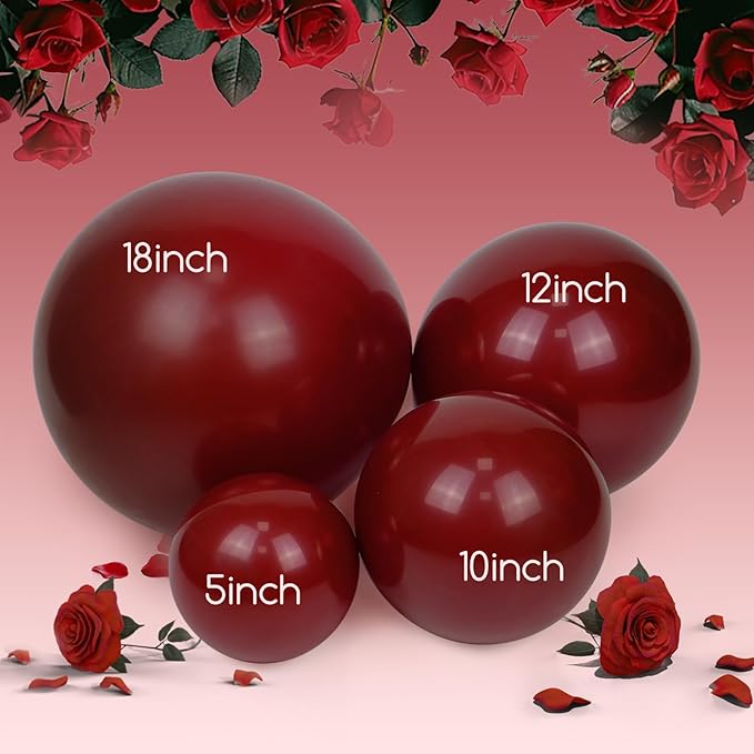 120pcs Burgundy Balloons, 18 12 10 5 inch Maroon Balloons Different Sizes Burgundy Balloon Arch Kit for Birthday Graduation Wedding Baby Shower Party Decorations