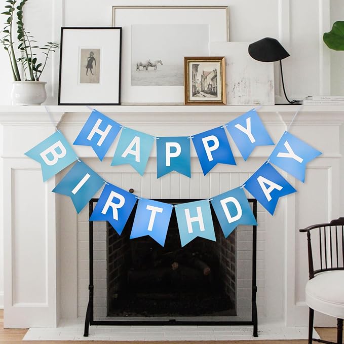 Happy Birthday Banner Birthday Party Banner NO DIY Happy Birthday Sign Pre-Strung Birthday Hanging Decoration for Women Men Girl Boy Party Supplies (Blue)