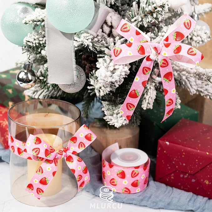 Strawberry Ribbon 3 Rolls Fruit Print Grosgrain Ribbons 5/8", 7/8", 1.5", Strawberry Printed Ribbon for Crafts, Gift Wrapping, Hair Bows, Summer Party, Scrapbooking, Holiday Decor