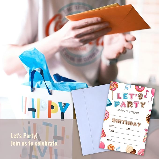 Sweet Candy Birthday Party Invitations, Let's Party Candyland Invites with Envelopes, 25 Pcs 4x6 Inch, Candy Donut Balloons Macarons, Childlike Bright Colors (Colorful Pattern)