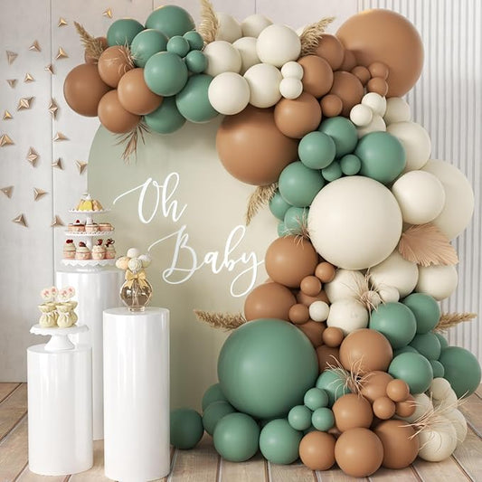 MEBAY Sage Green Brown White Garland Arch Kit, 155Pcs Latex Balloons Different Sizes 18 12 10 5 inch for Safari Jungle Woodland Birthday Baby Shower Decorations