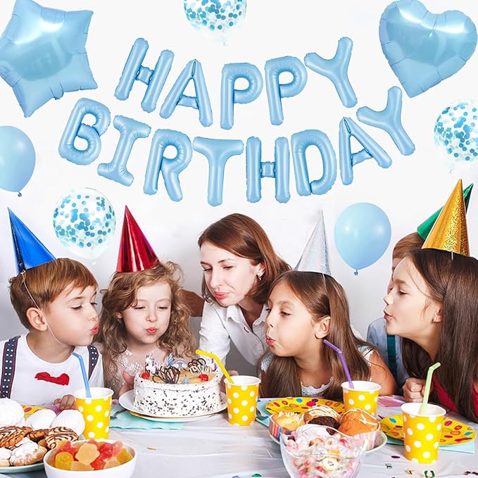 CANREVEL Happy Birthday Balloons Banner 16 Inch Mylar Foil Letters with Star & Heart Balloons Birthday Party Decorations for Men and Women - 30 Pcs Light Blue