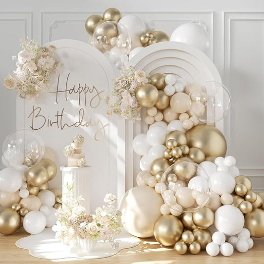 White and Gold Balloon Garland Arch Kit 132Pcs Metallic gold Ivory white Cream White Clear Balloons Different Sizes for Wedding Engagements Birthday Bridal Shower Baby Shower Anniversary Decorations