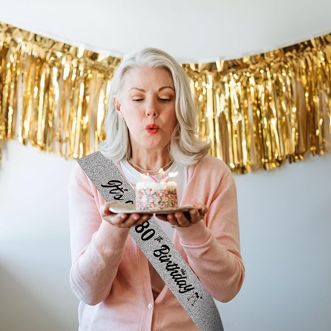 It's My 80th Birthday Sliver Sash - Sparkling Happy 80th Birthday Satin Sash for Women - 80 Years Old Party Decorations
