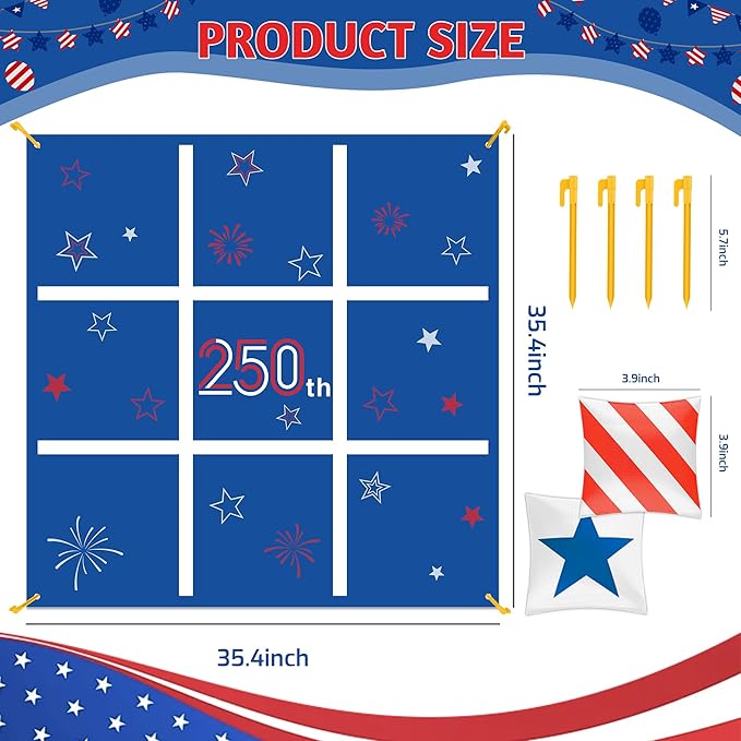 Independence Day Party Favors Tic Tac Toe Bean Bag Game,250th Anniversary Bean Bag Toss Across for Indoor Outdoor Yard Background Lawn Adults Family Night Activities 10 Bean Bags