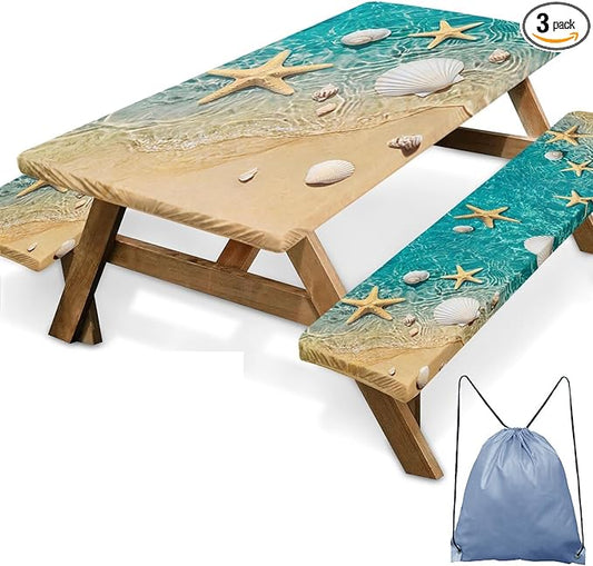 Picnic Table Cover with Bench Covers Elastic Edges, Beach Fitted Table Cover, Outdoor Patio Camping Essentials 96 Inch 3PCS, Waterproof Camping Fitted Tablecloth with Drawstring Bag
