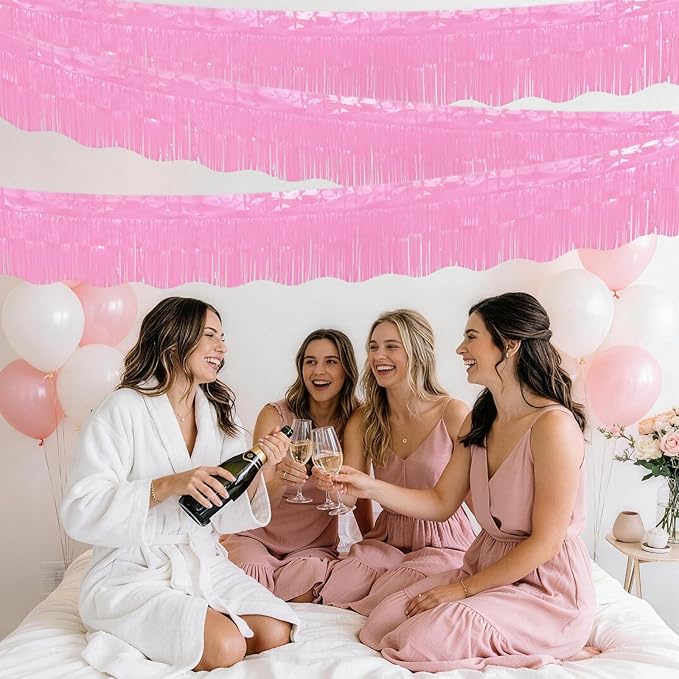 LOLStar 6 Pack Macaron Pink Tinsel Foil Fringe Garland Birthday Party Decorations, 59Ft Tinsel Streamers Banner, Hanging Tinsel Fringe Banners for Wedding Gender Reveal Bachelorette Party Decor