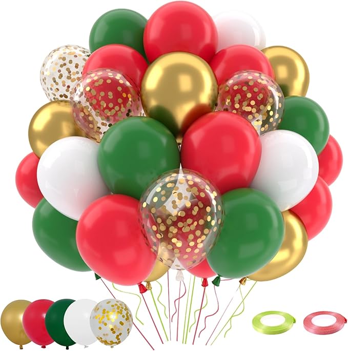 Patimate Red and Green Christmas Balloons Set, 50 pcs 12 inch Metallic Gold Green Red White Confetti Latex Balloons Kit for Christmas Grinch Birthday Party Decorations
