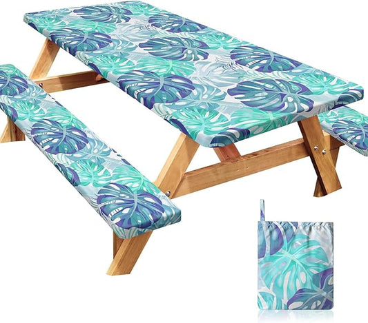 Picnic Table Cover with Bench Covers Windproof Waterproof Picnic Table Covers Camping Tablecloth with Self-Storage Bag, 72in, Tropical Aqua