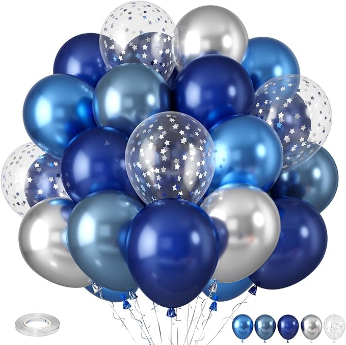 Blue Silver Balloons, Pearl Navy Blue Balloons Metallic light Blue and Silver Balloon Silver Star Confetti Balloon for Boys Girls Birthday Graduations Baby Shower Wedding Engagement Decorations