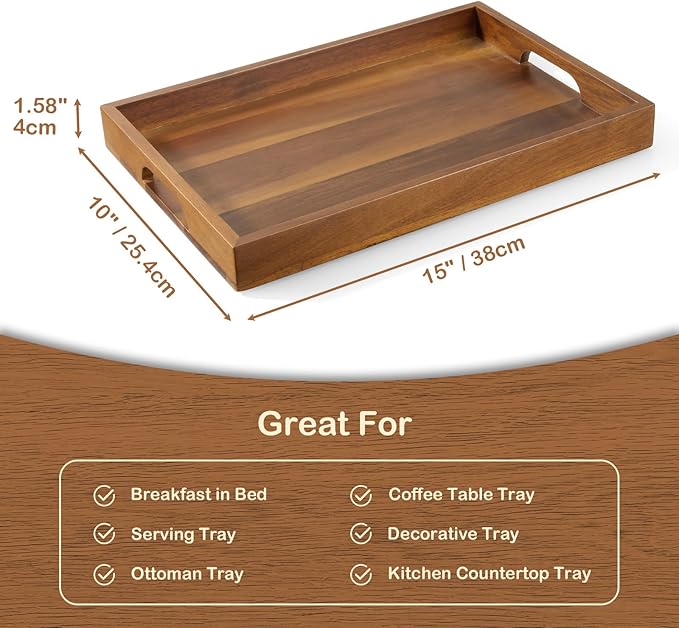 15 Inch Acacia Wood Serving Tray with Handles, Decorative Rectangle Wooden Tray for Ottoman, Breakfast in Bed, Coffee Table, Perfect for Living Room Bedroom Entryway and Kitchen