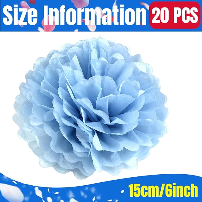 Qimoo 20pcs Lake Blue Paper Pom Poms Decorations, DIY Decorative Tissue Paper Pom-poms Flowers Ball for Party Wedding Outdoor Decoration