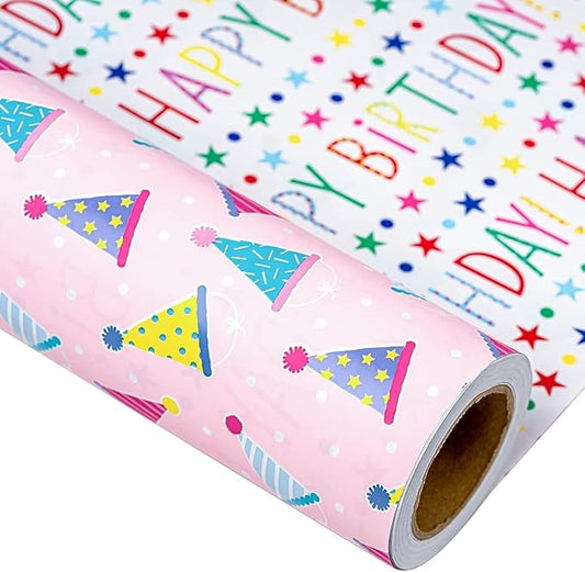 MAYPLUSS Birthday Gift Wrapping Paper Roll - 17Inch X 16.5Feet - Reversible Luxury Pink Girly Birthday Party Hat, Happy Lettering Gift Wrap for Kid Girl, Baby Shower, Party, Holiday