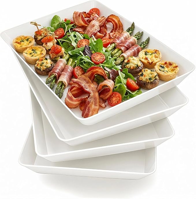 Serving Tray Platter, 6 Pcs Food Tray for Veggie Fruit Snack Dessert Cookie Cheese, Food Trays for Party Supplies Display, Plastic Platters for Serving Food, Large White Trays, BPA Free