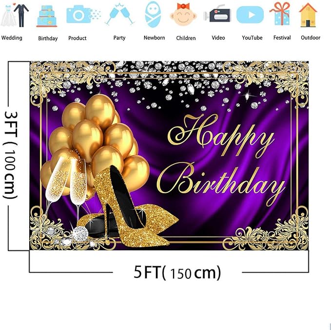 Mocsicka Royal Purple Birthday Backdrop Shiny Diamond Gold Heels Champagne Photography Background Adults Women Happy Birthday Golden Frame Party Decorations Supplies Photo Props (5x3ft)