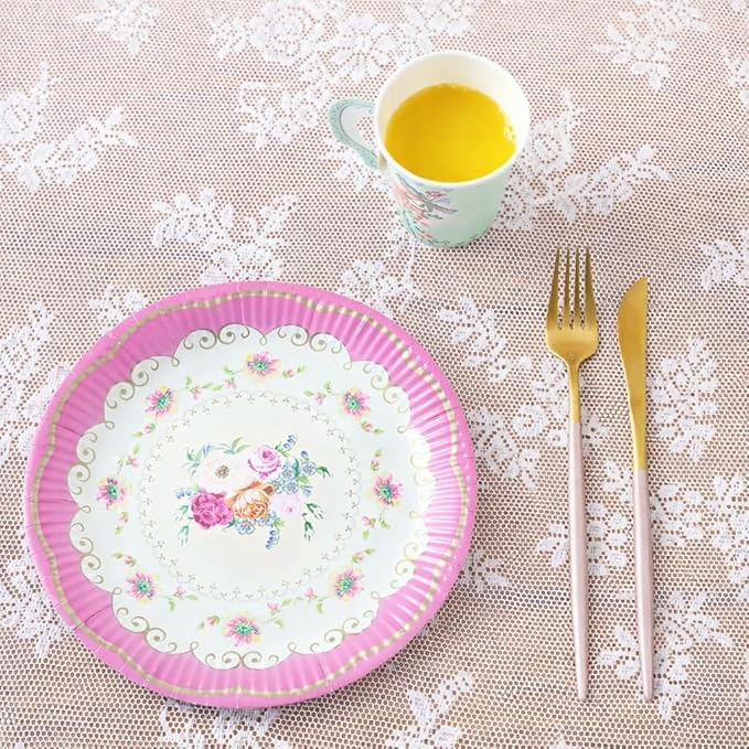 Talking Tables 50pcs Floral Tea Party Decorations for Mother's Day Decorations for 16 Guests, Disposable Tableware Set, Paper Plates, Teacups, Napkins & Bunting for Bridgerton Birthday Decor