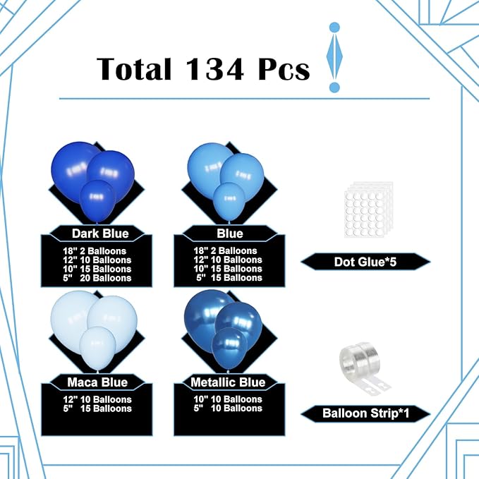 Lukiituke Blue Balloon Arch Kit, 134Pcs Royal Blue Party Balloons, 4 Sizes Blue Latex Balloons for Baby Shower,Birthday,Baseball Party Decorations