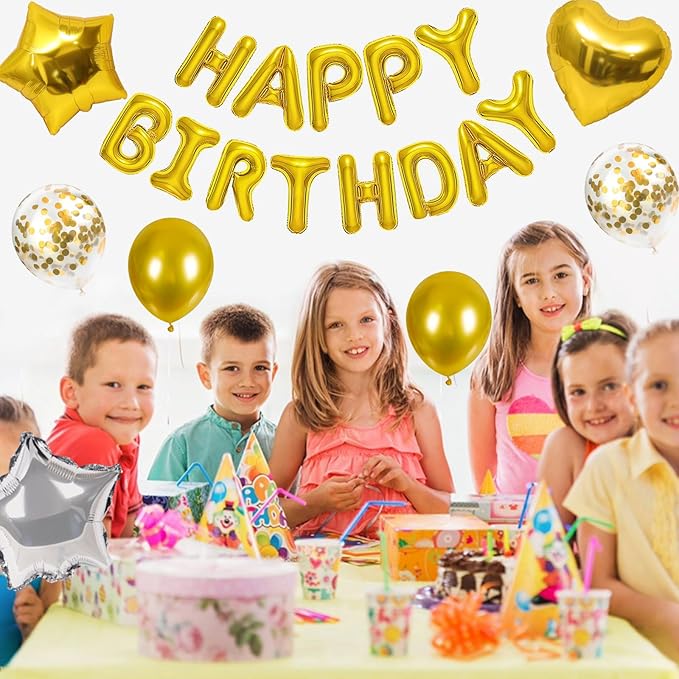 CANREVEL Happy Birthday Balloons Banner 16 Inch Mylar Foil Letters with Star & Heart Balloons Birthday Party Decorations for Men and Women - 30 Pcs Gold