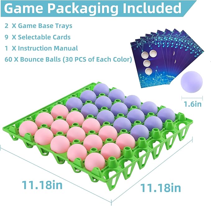 Bounce Ball Fun Party Game - 4 in a Row Games with 60 Balls & Cards - Indoor Outdoor Carnival Party Toys for Kids, Adults, Teens, Families, Game Night. 2-12 Players