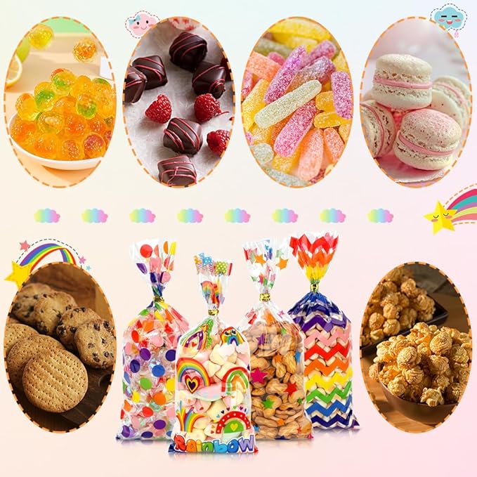 120 PCS Rainbow Cellophane Treat Bags, Colorful Cellophane Bags, Plastic Star Polka Dot Stripes Printed Candy Cookies Goodie Gift Bag for Valentine's Day Kids Birthday Party Holiday Favor Supplies