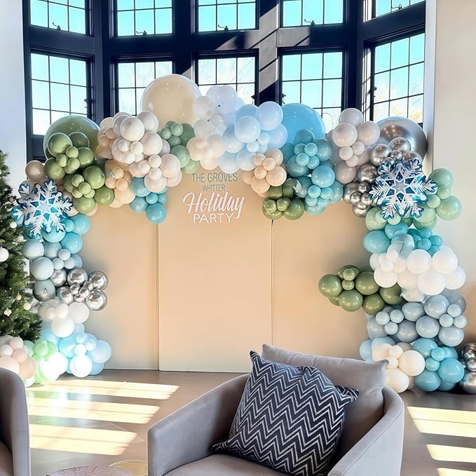 Blue Green Snowflake Balloon, Winter Wonderland Party Decorations, Pastel Green Dusty Blue Metallic Silver Balloons with Snowflake Foil Balloon for Christmas Winter Onederland Birthday Party Decor