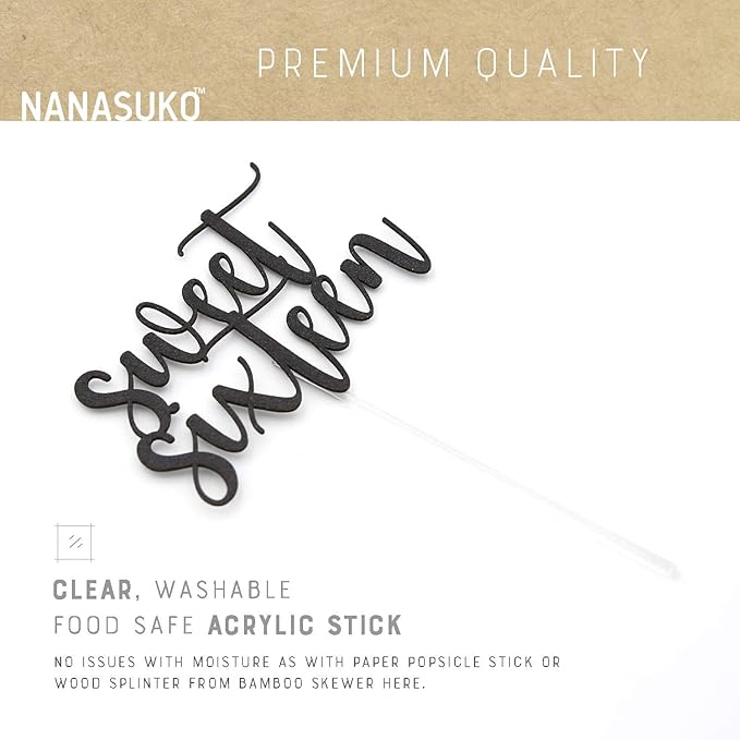 16th Birthday Cake Topper - Sweet Sixteen - Double Sided Black Glitter - Premium Quality Made in USA