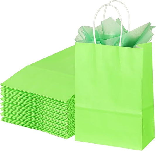 BLEWINDZ 32Pcs Small Paper Gift Bags with Tissues, Green Party Favor Bags with Handles, 8.7" Goodie Bag for Birthday, Shopping, Party Supplies