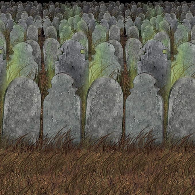 Beistle Graveyard Backdrops – 2 Printed Tombstone Cemetery Plastic Wall Coverings for Halloween Haunted House Party Décor Indoor Spooky Scene Background Display, 4 Ft x 30 Ft Each