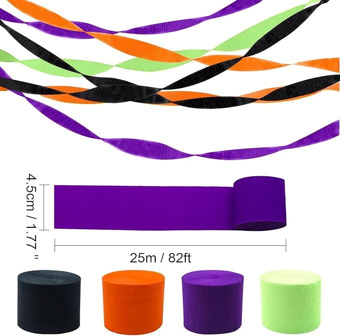 PheiLa Halloween Party Supplies, 4 Rolls Orange Black Purple Green Crepe Paper Streamers for Halloween DIY, Home Party Backdrop Decorations, 1.77 Inch x 82 Ft/Roll, 328ft