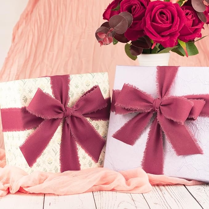 Burgundy Cotton Ribbon 1-1/2 Inch Burgundy 3 Rolls 21 Yards Frayed Edge Fabric Set for Wedding Decor, Bridal Bouquet Wrap, Anniversary Celebration, Gift Wrapping & Christmas Decor