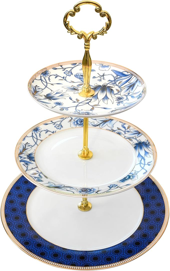 ACMLIFE Porcelain Cake Stand, White and Blue Bone Cupcake Stand, 3 Tier Wedding Cake Stand, Dessert Stand, Afternoon Tea Display Stand (Bone china 3)