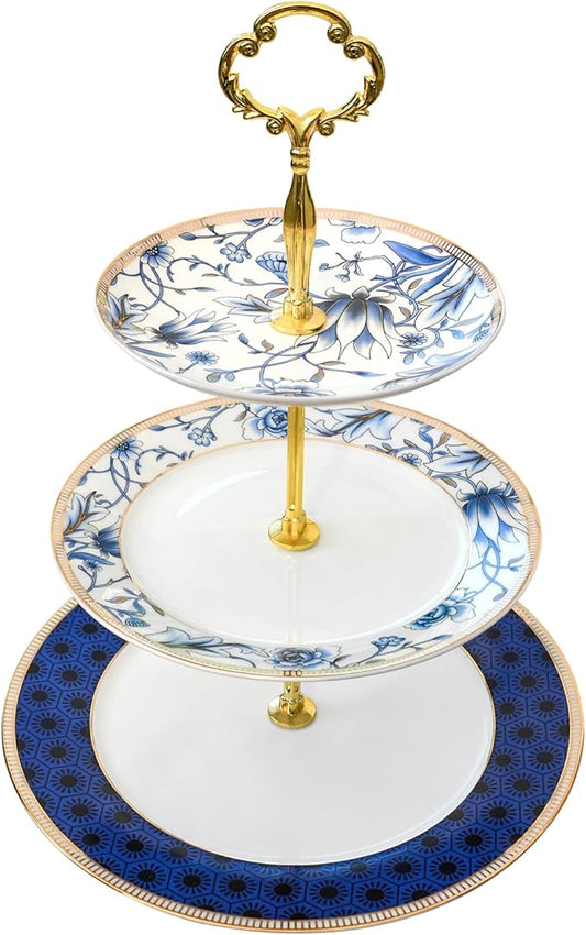 ACMLIFE Porcelain Cake Stand, White and Blue Bone Cupcake Stand, 3 Tier Wedding Cake Stand, Dessert Stand, Afternoon Tea Display Stand (Bone china 3)